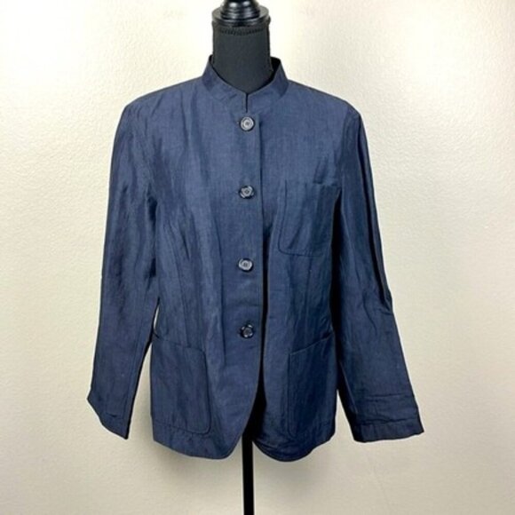 Lafayette 148 Linen/Wool Blazer Mandarin Collar Navy Blue Button Jacket 10 - Picture 1 of 8